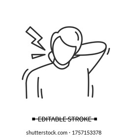 Neck pain icon. Linear pictogram of Man suffer backache, rubbing stiff neck. Concept of spinal issues, headache causes and health problems. Editable stroke vector illustration