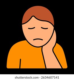Ícone de dor no pescoço. Uma pessoa segurando o pescoço com expressão triste mostra desconforto, rigidez ou tensão muscular possivelmente causada por postura ou estresse.