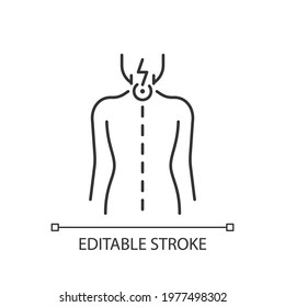 Neck pain linear icon. Nerve root compression. Cervical radiculitis. Pressure on spinal nerves. Thin line customizable illustration. Contour symbol. Vector isolated outline drawing. Editable stroke