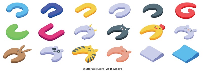 Neck pillow icons set. Isometric set of travel pillows in various colors and animal designs, providing comfort and support during travel