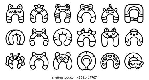  Neck pillow icons set. Set of sixteen cute travel neck pillows with adorable animal faces, perfect for comfortable journeys