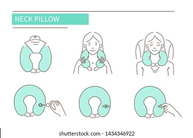 Neck pillow instruction. Line style vector illustration isolated on white background.
