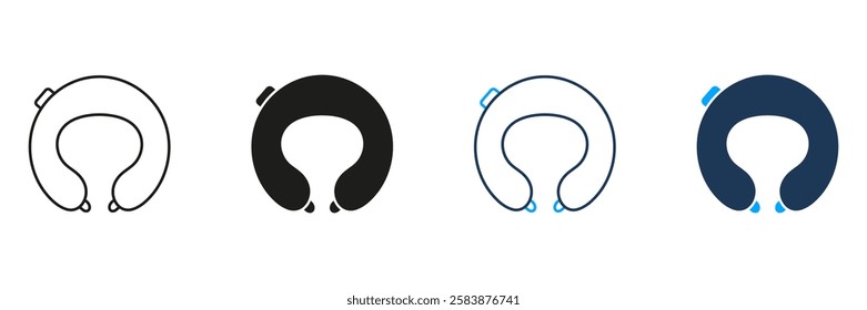 Neck Pillow Line and Silhouette Icon Set. Travel Cushion for Comfort and Support Symbol. Portable Comfortable Cushion for Trip. Editable Stroke. Isolated Vector Illustration.