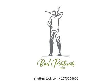 Neck, posture, bad, spine, human concept. Hand drawn pain in the cervical spine concept sketch. Isolated vector illustration.