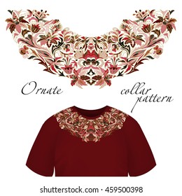 Neck print vector floral design. Fashion white lace collar. Vector illustration. Pink brown