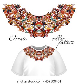 Neck print vector floral design. Fashion white lace collar. Vector illustration. Hot bright colors. Blue orange red