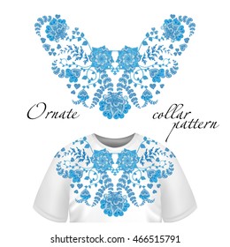 Neck print vector floral design. Fashion white lace collar. Vector illustration. Blue