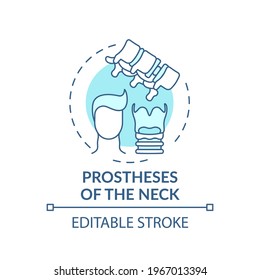 Neck prostheses concept icon. Prostheses type idea thin line illustration. Damaged disc replacement in cervical spine. Cosmetic appearance. Vector isolated outline RGB color drawing. Editable stroke