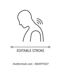 Neck rheumatism linear icon. Joints inflammation. Cervical spondylosis. Prolonged hunching. Thin line customizable illustration. Contour symbol. Vector isolated outline drawing. Editable stroke