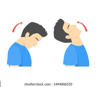 Neck rotation exercise. Turning head left and right. Healthy activity, office stretch. Isolated vector illustration in cartoon style