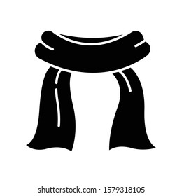 Neck scarf glyph icon. Cold weather cloth. Winter garment. Common cold aid. Healthcare. Fashion neckerchief. Grippe precaution. Silhouette symbol. Negative space. Vector isolated illustration