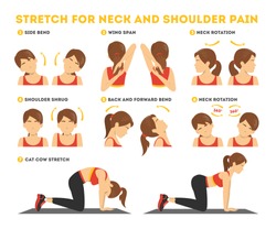 Neck And Shoulder Exercise. Stretch To Relieve Neck Pain. Idea Healthy And Active Lifestyle. Shoulder Shrug And Head Tilt. Easy Office Workout. Isolated Vector Illustration In Cartoon Style