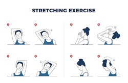 Neck And Shoulder Exercise. Stretch To Relieve Neck Pain. Idea Healthy And Active Lifestyle. Shoulder Shrug And Head Tilt. Easy Office Workout. Stretching Activity. Vector Line Illustration. Doodle.