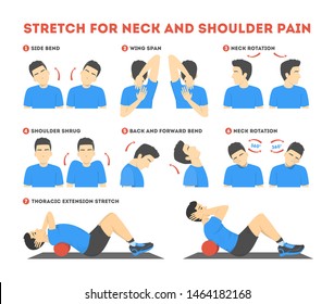 Neck and shoulder exercise. Stretch to relieve neck pain. Idea healthy and active lifestyle. Shoulder shrug and head tilt. Easy office workout. Isolated vector illustration in cartoon style