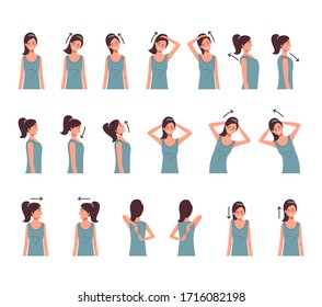 Neck Shoulder Spine Exercise Isolated Set. Vector Flat Cartoon Graphic Design Illustration