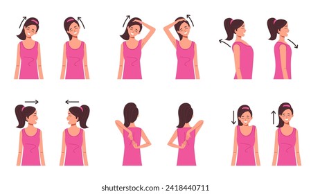Neck shoulder spine exercise isolated set. Vector flat cartoon graphic design illustration
