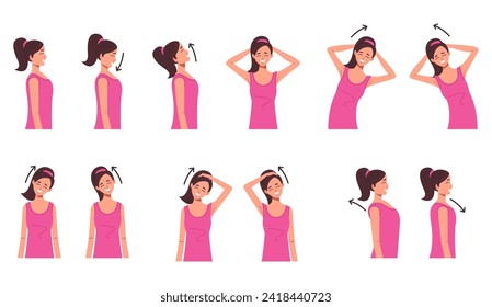Ejercicio de la columna de hombro del cuello aislado. Ilustración de diseño gráfico de dibujos animados planos vectoriales
