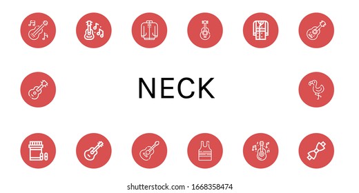 neck simple icons set. Contains such icons as Guitar, Long sleeve, Acoustic guitar, Trench coat, Analgesic, Sleeveless shirt, Bow tie, Flamingo, can be used for web, mobile and logo