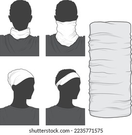 Buff on the face is black and white color. Bandana, scarf, buff, neckscarf.  Front and back view. 3d realistic illustration of mockup, empty blank  template isolated on a white background. ilustração do