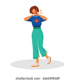 Neckache flat color vector faceless character. Woman strained neck muscles. Female with pain in throat. Young person suffering discomfort. Symptom of disease isolated cartoon illustration