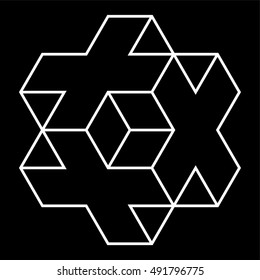 Necker cube icon vector, line drawing, 3d cross logo design, crop circles, sacred geometry