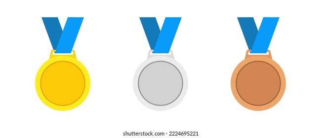 Necklace award medals vector set golden, silver and bronze isolated on white background. Winner medal with blue ribbon icon. Championship award. Achievement victory concept.