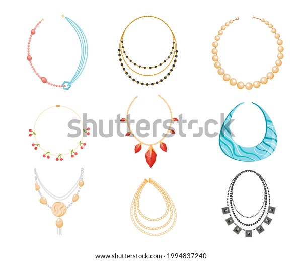 Necklace, Beads Boho Style Jewelry Made of Precious\
or Semi-precious Gemstones. Bijoux for Women, Gold Metal and Rocks\
Bijouterie Isolated on White Background. Cartoon Vector\
Illustration, Icons\
Set
