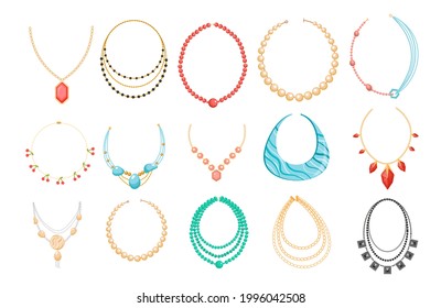 Necklace, Beads Jewelry of Gold Metal and Rocks Isolated on White Background. Bijoux for Women, Boho Bijouterie Precious or Semi-precious Gem Stones, Jewels. Cartoon Vector Illustration, Icons Set