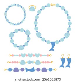 Necklace, bracelets and earrings in mermaid and fish style set. Funky Bijouterie plastic flat vector set