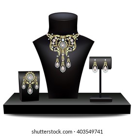 Necklace, brooch and earrings with pearl and diamonds on dummies