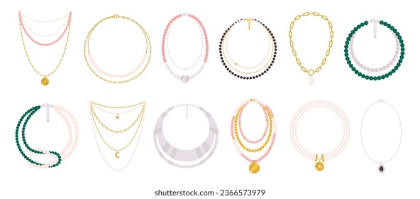 Necklace cartoon set. Decorative jewelry female clipart, isolated beads. Stylish trendy accessories, collier and necklaces. Racy fashion vector collection