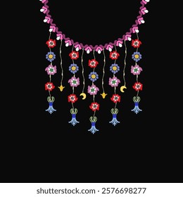 Necklace with colorful flowers. Vector illustration for your design. Ikat embroidery necklace design for shirts and tops.