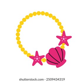 Conceito de colar. Pulseira dourada com estrelas e conchas. Beleza e estética. Joias e acessórios. Adesivo de mídia social. Ilustração de vetor plano isolada no plano de fundo branco