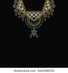 Necklace with damask floral design. Vector illustration on a black background. Ideas for shirts, women's blouses, and neck borders. 