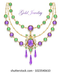 Necklace decorated with amethysts and chrysoprase with gold chain on white background.
