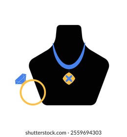 Necklace Display With Blue Pendant And Gold Ring In Flat Vector Illustration Symbolizing Jewelry, Accessories, And Luxury, Isolated On White Background.