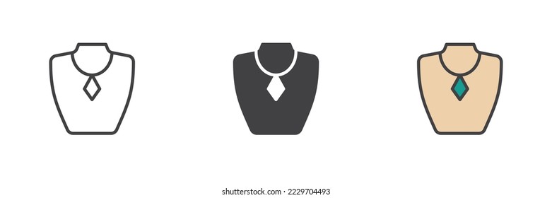 Necklace display different style icon set. Line, glyph and filled outline colorful version, outline and filled vector sign. Jewelry bust symbol, logo illustration. Vector graphics