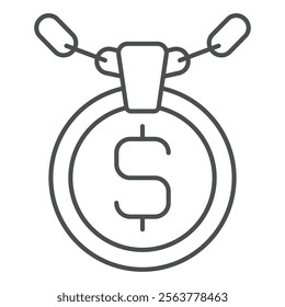 Necklace with dollar coin thin line icon, jewelry concept. Vector graphics. Coin pendant amulet sign on white background, outline style icon for mobile or web design