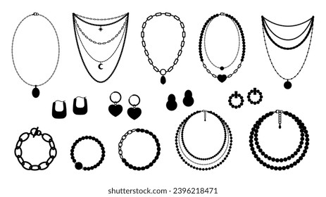 Necklace, earrings and bracelets black silhouettes. Beads pearls, chains and necklaces. Jewelry decorative vector collection