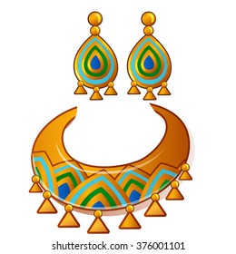 Necklace and earrings in ethnic style. Ancient Egyptian accessory. Vector illustration.