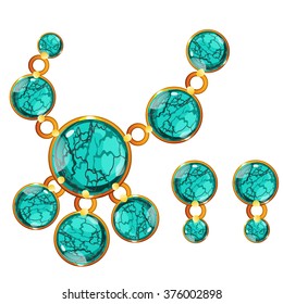 Necklace and earrings with turquoise. Vector illustration.