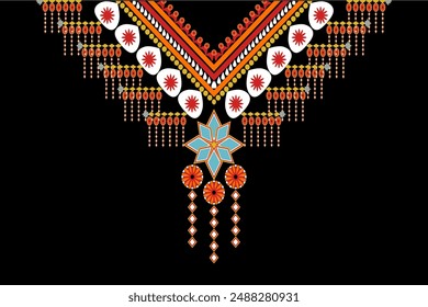 Necklace Ethnic Embroidery Geometric Oriental Traditional Pattern. Motifs Element Native collar decoration textile. Design for Collar, Neckline, Clothing, Fabric, Textile, Women's fashion.