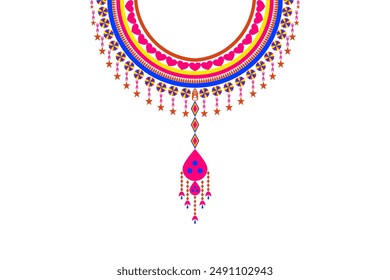 Necklace Ethnic Embroidery Geometric Oriental Traditional Pattern. Motifs Element Native collar decoration textile. Design for Collar, Neckline, Clothing, Fabric, Textile, Women's fashion.