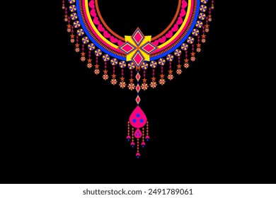 Necklace Ethnic Embroidery Geometric Oriental Traditional Pattern. Motifs Element Native collar decoration textile. Design for Collar, Neckline, Clothing, Fabric, Textile, Women's fashion.