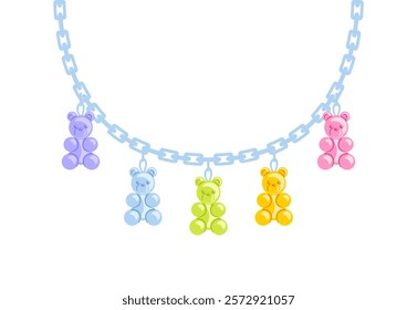 necklace featuring a durable chain adorned with vibrant plastic charms shaped like colorful gummy bears, showcasing a fun, whimsical design perfect for adding a touch of sweetness to any outfit.