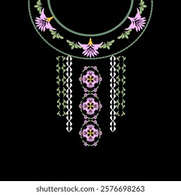 Necklace with flowers and beads. Vector illustration for your design. Ikat embroidery necklace design for shirts and tops.