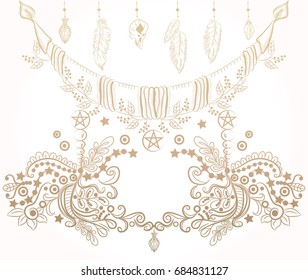 Necklace with flowers, leaves, beads and curls of gold color. Bohho style.