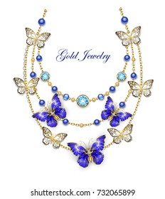 Necklace gold chains  adorned and blue beads   sapphire butterflies  