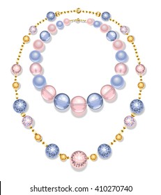 Necklace of gold chains and beads fashion, pink and blue on white background.