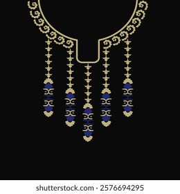 Necklace with gold pattern on black background. Vector illustration. Ikat embroidery necklace design for shirts and tops.